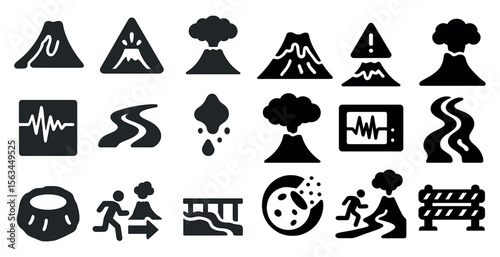 Collection of black and white icons depicting various natural disasters and hazards. The icons include a volcano, a mountain, a river, a bridge, a person, and a person falling