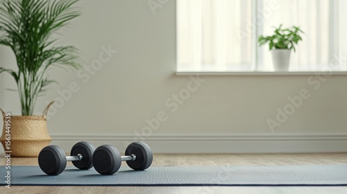 Home Workout Setup with Dumbbells and Yoga Mat in Bright Room