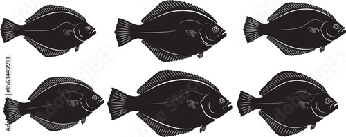 Flounder Fish Flat Sea Creature Silhouette Vector Set vector illustration