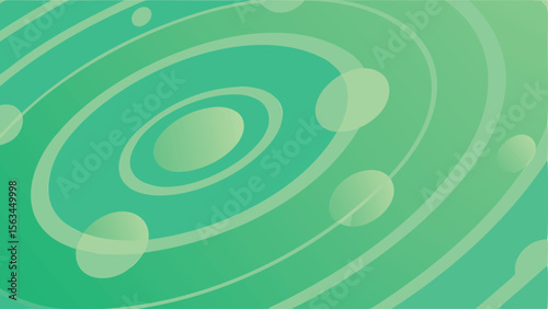 Green gradient background with concentric circles and translucent spheres scattered around it