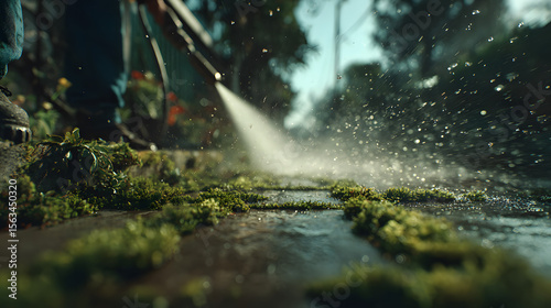 Removing moss from sidewalk slabs using a water jet from a pressure washer