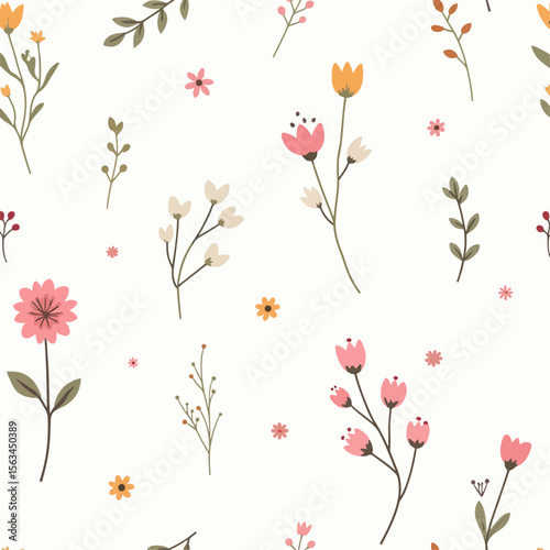 Seamless pattern: stylized pastel flowers and leaves scattered on white, soft light, whimsical, flat illustration, repeating design, warm, cheerful ambiance.