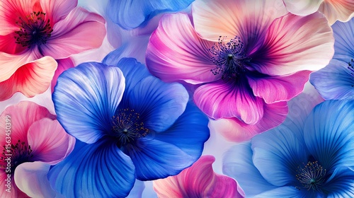 Vibrant, colorful flowers in shades of pink and blue creating a lively, floral tapestry.