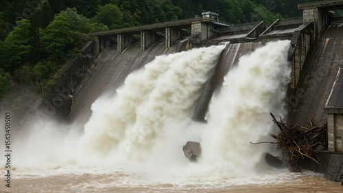 Water cascading from dam into river during flood season