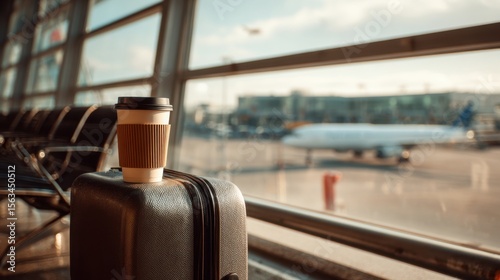 Coffee and luggage in modern airport terminal with airplane view for travel theme