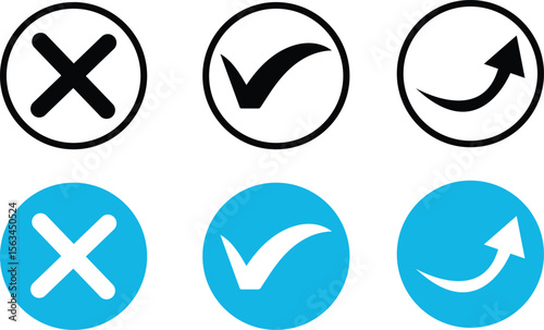 Set of three circular icons with checkmarks crosses and arrows in black and blue