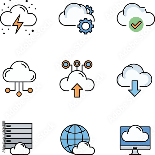 Cloud computing icons showcase digital processes, creating a technological mood, highlighting the concept of data storage and transfer with a clean, modern style.
