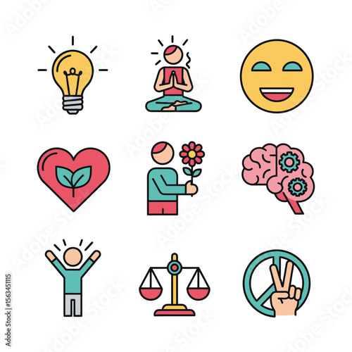 Colorful icons symbolizing mental health and well-being, depicted in a modern style, promoting a positive mood and self-care concept.