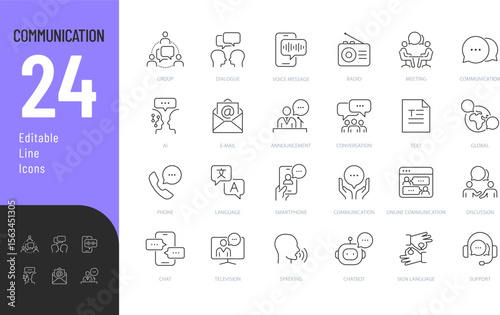 Communication Editable Icons set. Vector illustration in modern thin line style of icon pack contain dialogue, voice massage, online chat, and more. Isolated on transparent background.