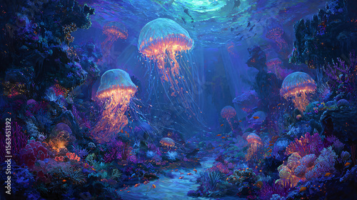 Fototapeta Naklejka Na Ścianę i Meble -  Enchanting Underwater Scene with Bioluminescent Jellyfish and Vibrant Coral Reef