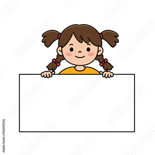 Cheerful girl with pigtails presents a blank banner, perfect for announcements, advertisements, or any message you wish to convey
