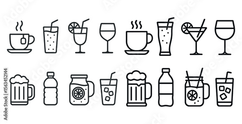 Series of drinks and glasses, including coffee, tea, and cocktails. The drinks are arranged in a line, with some glasses overlapping each other. Scene is casual and relaxed