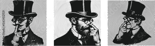 Line halftone style bundle of a humorous gentleman with glasses in top hat and suit, playfully picking his nose, vintage retro engraving sketch illustration for comic art projects