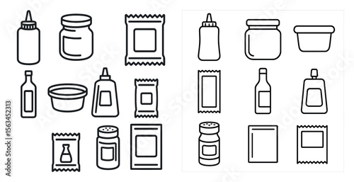 Variety of condiments and snacks in two different sets. The first set includes items such as a bottle, a bowl, and a jar, while the second set features a different set of items like a bottle, a bowl