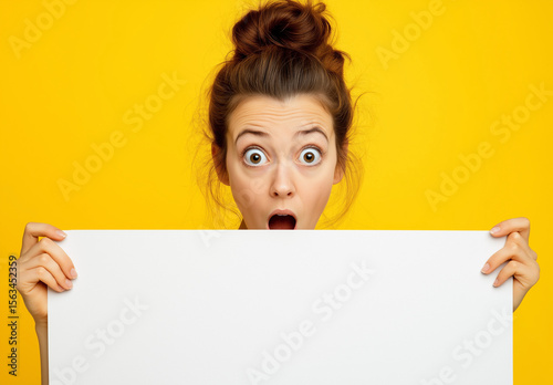 Shocked Woman Holding Blank White Sign – Studio Portrait on Yellow Background with Copy Space, Perfect for Advertising, Branding, and Marketing Campaigns