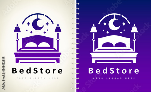 Bed store logo. Bed with pillows, stars and the moon logo vector design. The night sky