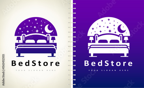 Bed store logo. Bed with pillows, stars and the moon logo vector design. The night sky