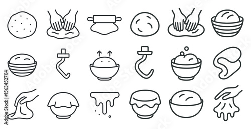 Series of food items are shown in a white and black style. The items include bowls, spoons, and other kitchen utensils. Scene is that of a kitchen scene, with the focus on food preparation
