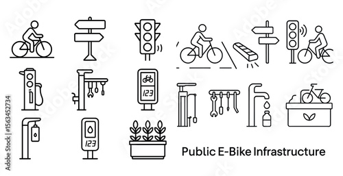 Public e-bike infrastructure is shown in a series of black and white icons. The icons include a person riding a bike, a traffic light, a sign, and a bicycle pump
