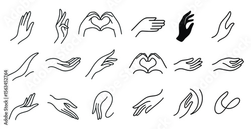 Set of hand drawings with a heart in the middle. The drawings are of various hands, some with fingers spread out and others with fingers curled in