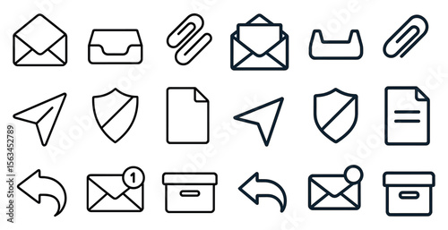 Set of icons for various office supplies, including envelopes, paper clips, and a stapler