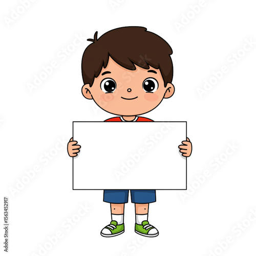 Cute cartoon boy is holding a blank sign, perfect for announcements, promotions or adding your own custom text easily.