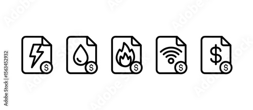 Utility bills concept: Electricity, water, gas, internet, and dollar document icons