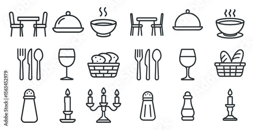 Set of food and drink icons, including a wine glass, a salt shaker, a spoon, a fork, and a knife
