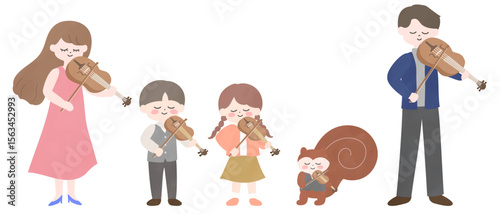バイオリンを弾く人々とリスのイラスト