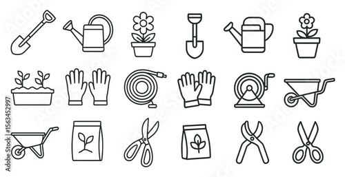 Set of gardening tools and accessories, including a shovel, a watering can, and a pair of scissors