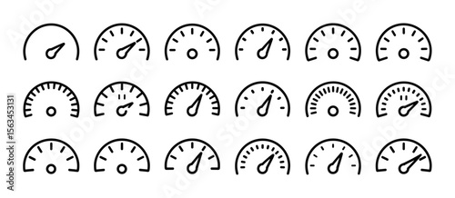 Set of speedometer icons showing different levels of performance and dashboard gauges