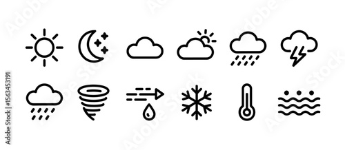 Weather forecast icons set vector: Sun, Moon, cloud, rain, snow, thunderstorm, water, wind