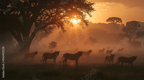 Wallpaper Mural Lions in the Mist with Sunset Light Through Trees – Dramatic Wildlife in Golden Fog Torontodigital.ca