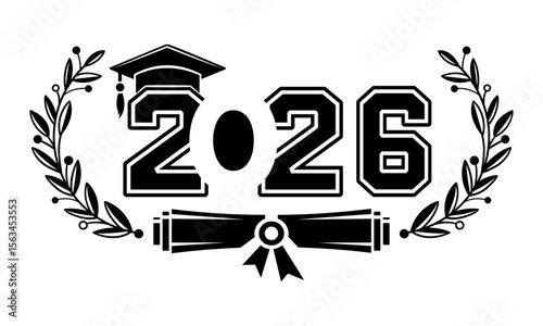 Class of 2026 Graduation Design with Cap Diploma and Laurel Leaves