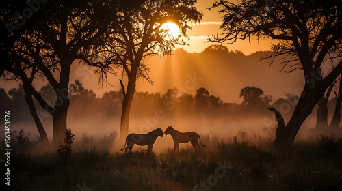 Wallpaper Mural Lions in the Mist with Sunset Light Through Trees – Dramatic Wildlife in Golden Fog Torontodigital.ca