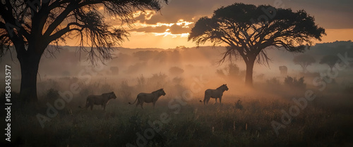 Wallpaper Mural Lions in the Mist with Sunset Light Through Trees – Dramatic Wildlife in Golden Fog Torontodigital.ca