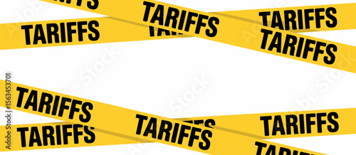 Tariffs concept: yellow warning tape with tariffs message, business, trade, finance