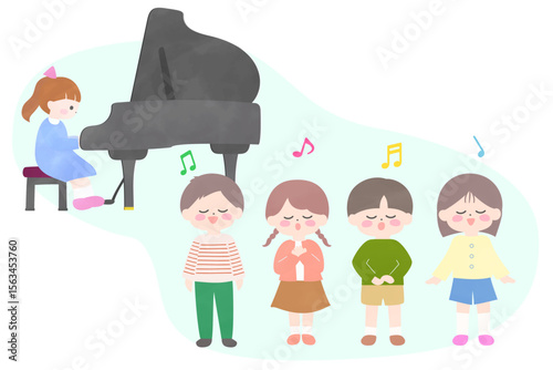 子どもたちの合唱とピアノ伴奏のイラスト