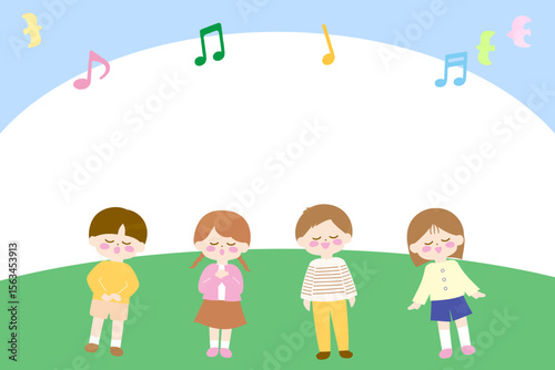 外で元気に歌う子どもたちのイラスト