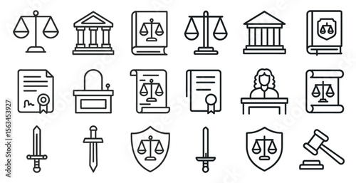 Set of legal symbols and icons. The symbols include a gavel, a sword, a book, a scale, a building, and a person. Scene is serious and formal, as it represents the legal system
