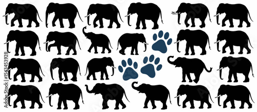 Elephant silhouettes with paw prints pattern, wildlife conservation concept, animal protection