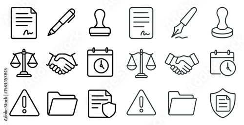 Set of icons for legal documents and agreements. The icons include a pen, a signature, a calendar, a clock, a scale, a gavel, and a file. Scene is professional and serious