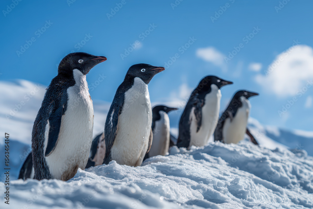 Fototapeta premium Group of Penguins Standing on Snow Covered Hill Beautiful Winter Scene