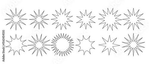 Collection of exploding starburst shapes, various burst form variations, outline illustration