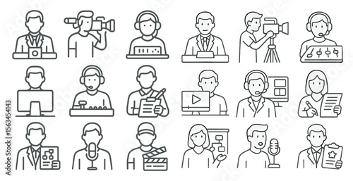 Collection of cartoon characters that represent various professions, such as a cameraman, a news reporter, and a DJ