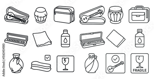 Collection of items including a guitar, a bottle, a case, and a bag. The items are all lined up in a row