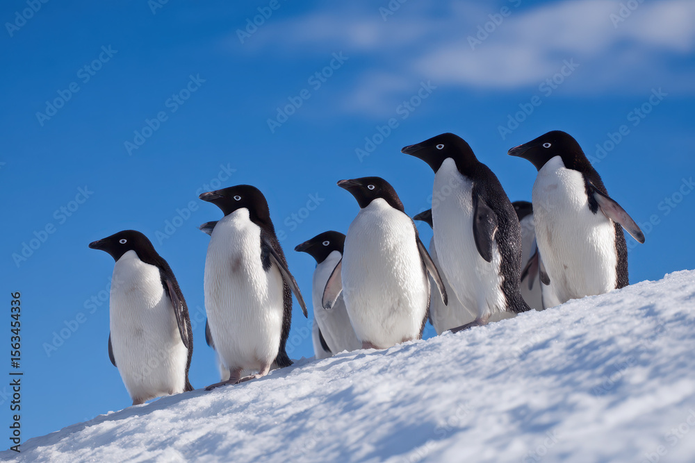 Obraz premium Group of Penguins Standing on Snow Covered Hill Beautiful Winter Scene