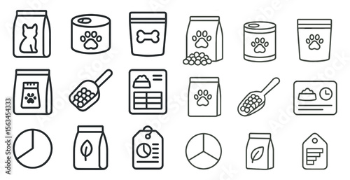 Set of pet supplies including a bag of dog food, a bag of cat food, a bag of dog treats, a bag of cat treats, a bag of dog biscuits, a bag of cat biscuits, a bag of dog chews, a