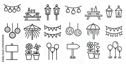 Collection of various party decorations including balloons, umbrellas, and potted plants. The decorations are all drawn in a simple, stylized way, giving the impression of a fun
