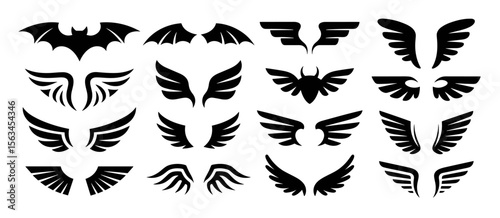 Wing collection set: wing, wings, angel, animal, bird, fly, feather, emblem, vector, silhouette